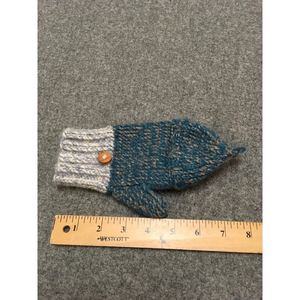 Handmade Convertible Mittens Kids Ages 4-8 Blue 100% Wool Flip Top Gloves